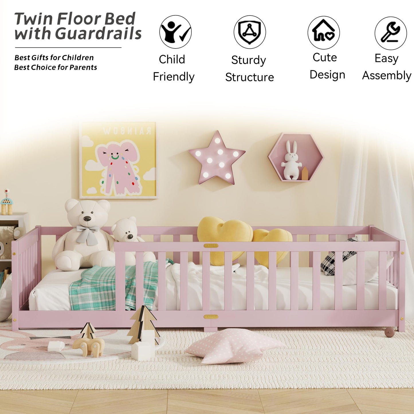 Duxelifin Twin Toddler Floor Bed, Wooden Montessori Bed Frame for Kids, Twin Size Bed Frame with Rails for Kids, Boys and Girls, No Box Spring Needed, Pink