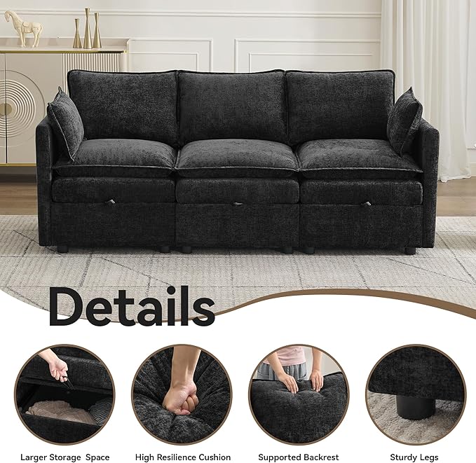 80" Cloud 3 Seater Sectional Modular Couch with Storage, Upholstered Storage Sofa Modern Couch Deep Seat, Chenille Convertible Sofa Comfy Couches with Armrests for Living Room, Small Space, Black
