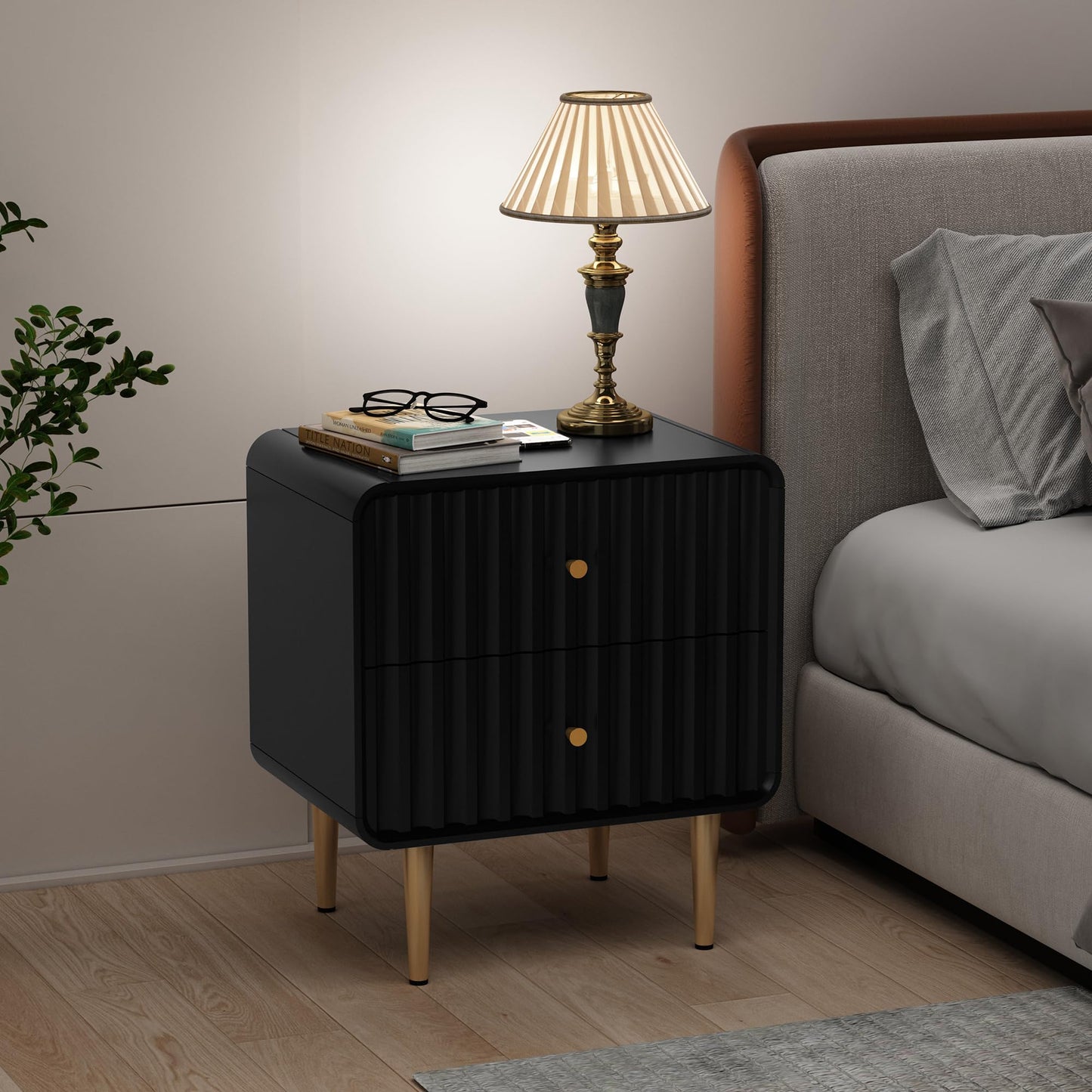 HLR Modern Nightstand, Fluted Bed Side Table with 2 Drawers Storage, Wood End Table with Gold Metal Handle, Black Night Stands for Bedroom