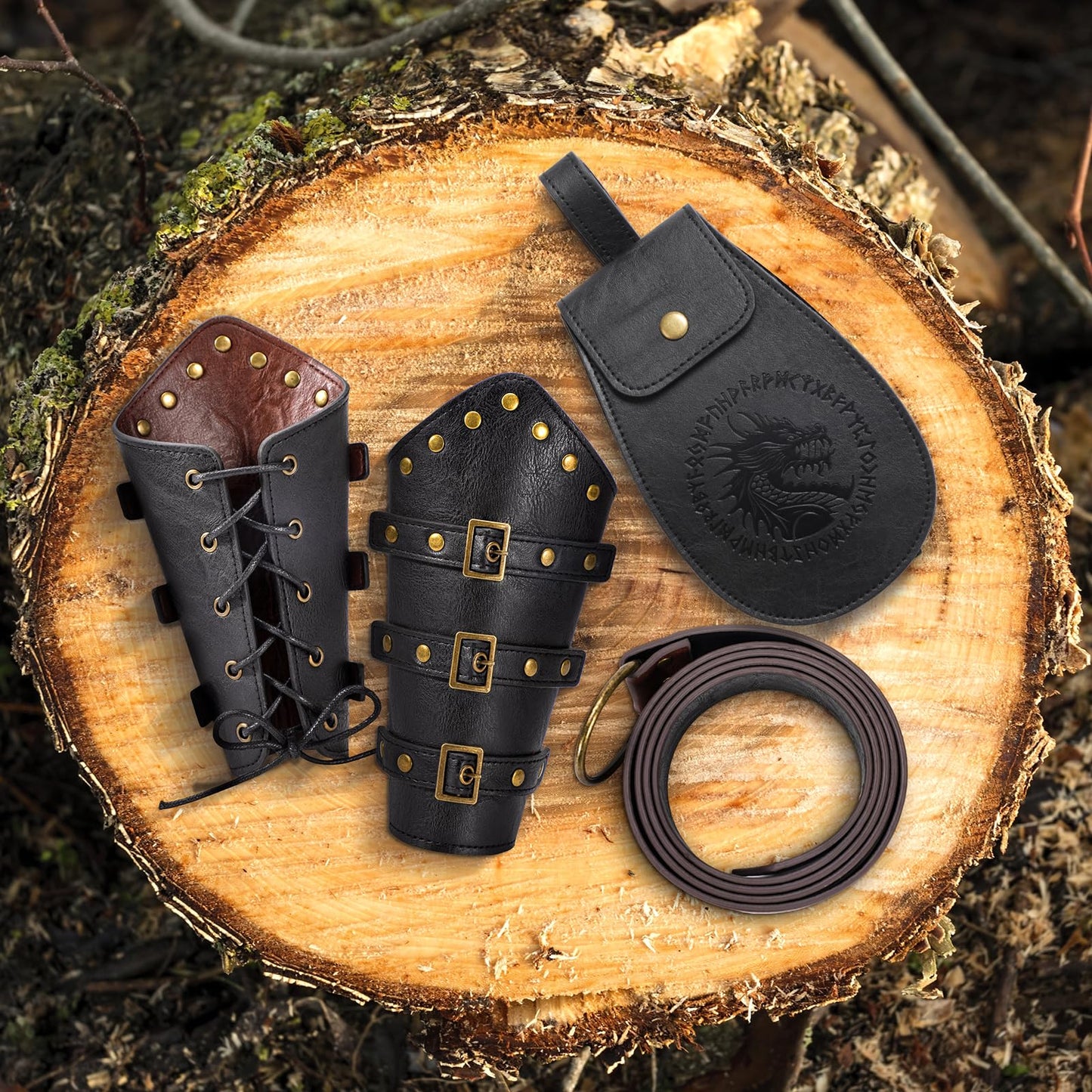 Berenlu 3 PCS Renaissance Accessories, Viking Renaissance Belt Medieval Vintage Belt Pouch and Leather Bracers, Enhance Your Halloween Renaissance Cosplay with Medieval Accessories (Black)