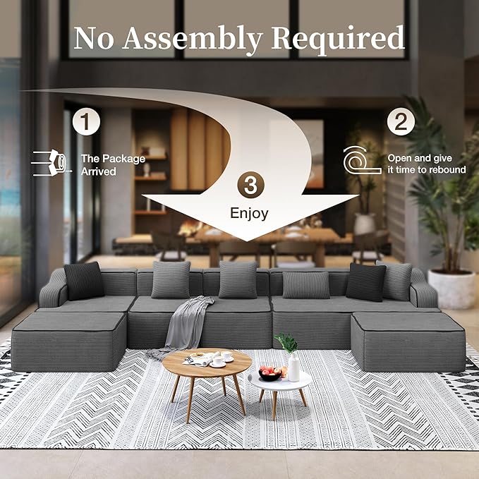 SUNSHINE VALLEY U Shaped Boneless Modular Cloud Couch, 162'' Oversized Corduroy Sectional Sofa for Living Room, 6-Seat Upholstered Modern Couch with Deep Seat, No Assembly Required, Grey