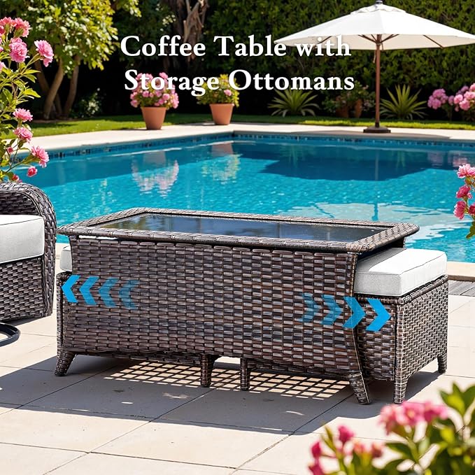Belord Luxury 6" Thick Cushioned 7 Pieces Patio Furniture Set with Outdoor Couch, Wicker Outdoor Conversation Set with High Back Swivel Rocker Chairs for Deck Porch Yard and Poolside - Brown+Beige