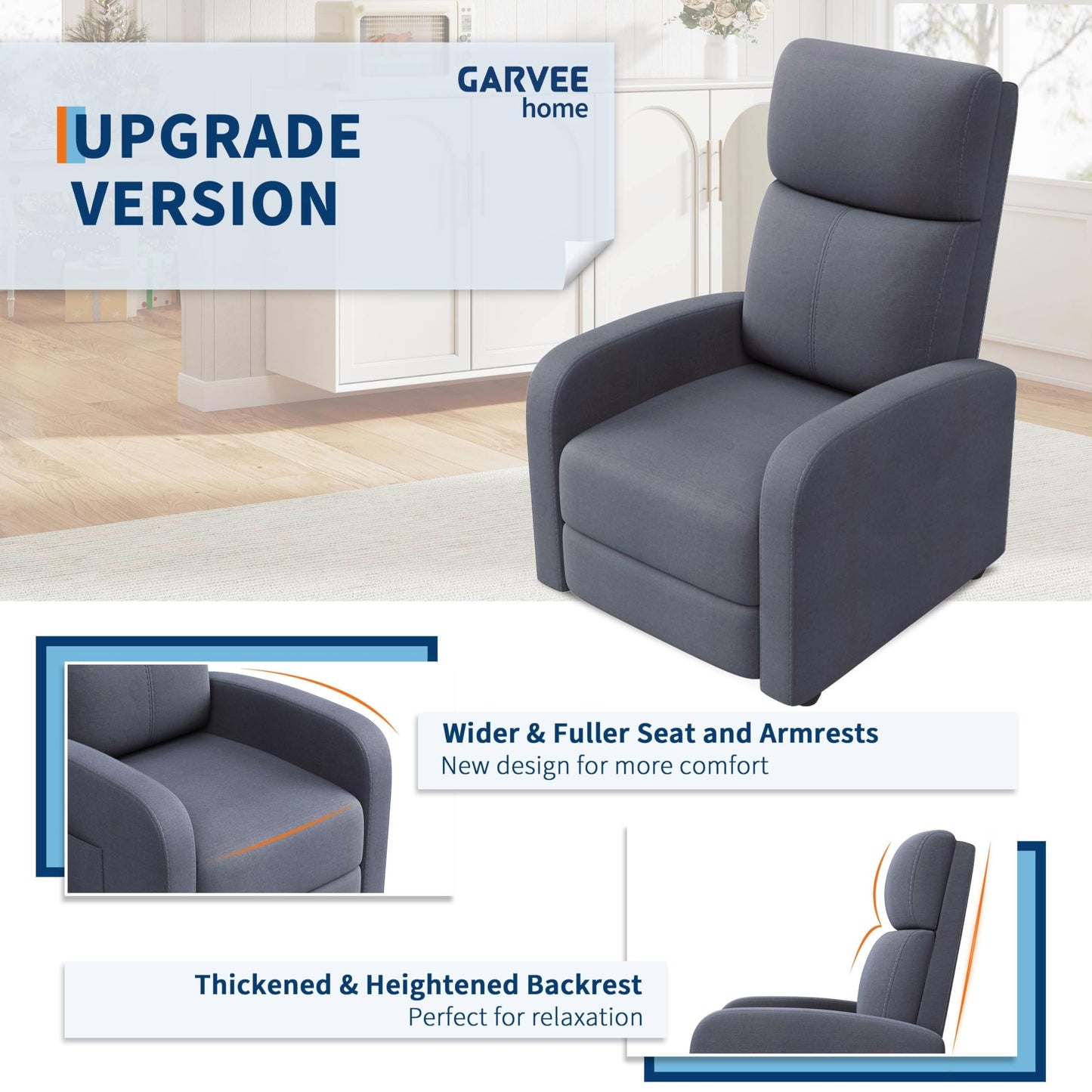 Garvee Recliner Chair for Adults, Leather Lazy Recliner Ergonomic Adjustable Single Sofa Enhanced with Side Pocket, Tall Back, Wide Arms & Padded Seat, Home Theater Seating for Living Room, Grey