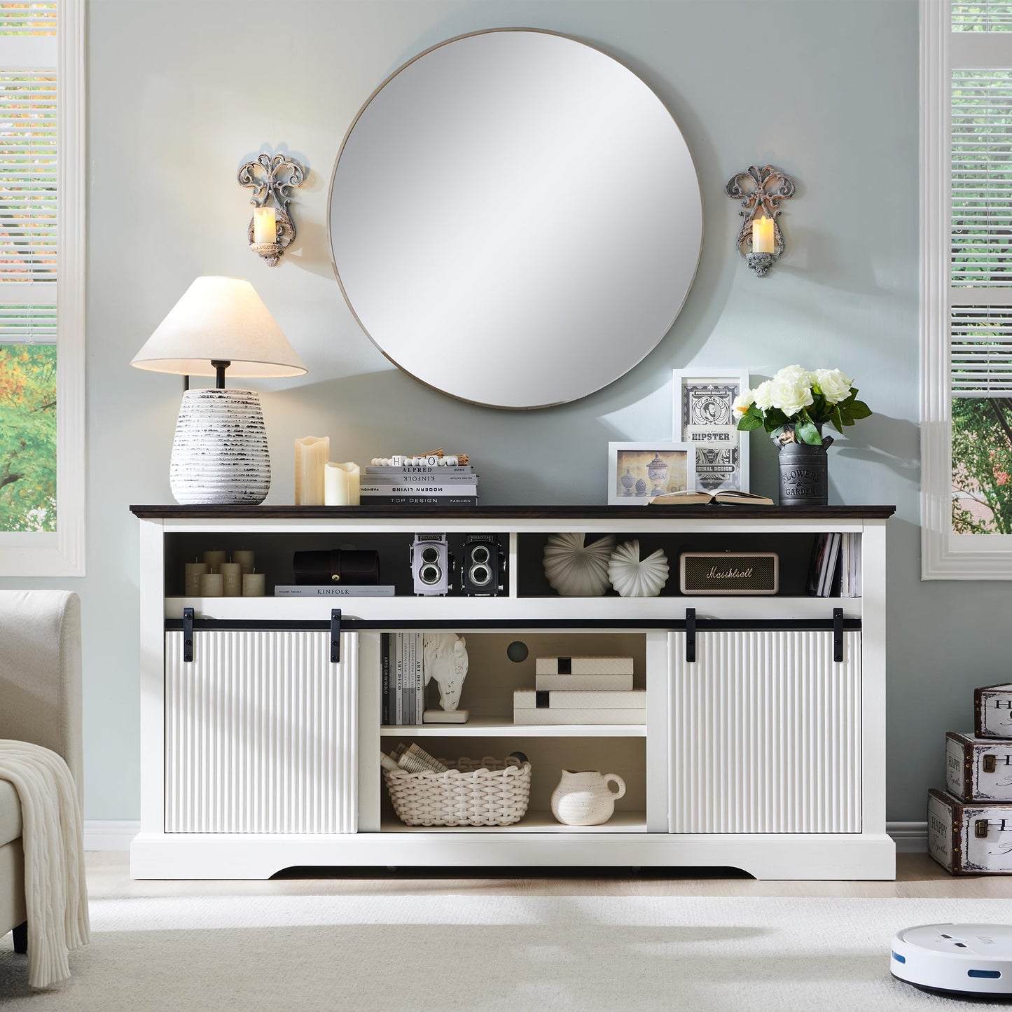 Aitjunz Fluted TV Stand for 75 Inch TVs, 32" Tall Modern Entertainment Center with Waveform Panel Sliding Door, Media Console Cabinet with Storage & Adjustable Shelf for Living Room, 66 inch (White)