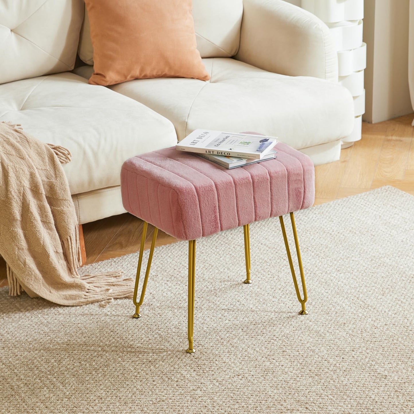 IBUYKE Velvet Rectangular Footrest Ottoman, Makeup Vanity Stool Side Table, Velvet Dressing Table Seat, Pouf Couch Stool, Golden Steel Legs, Pink LG-51P