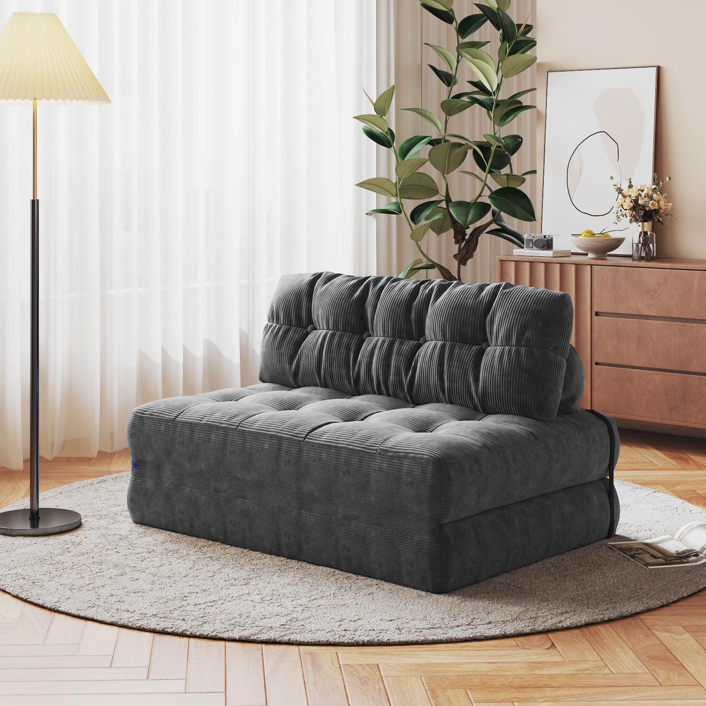 Garvee Folding Sofa Bed, Futon Sofa Bed, Floor Folding Couch for Living Room, Convertible Sleeper Chair with Pillow Foldable Mattress Back Support, Portable Fold Out Couch, Full Corduroy Dark Grey