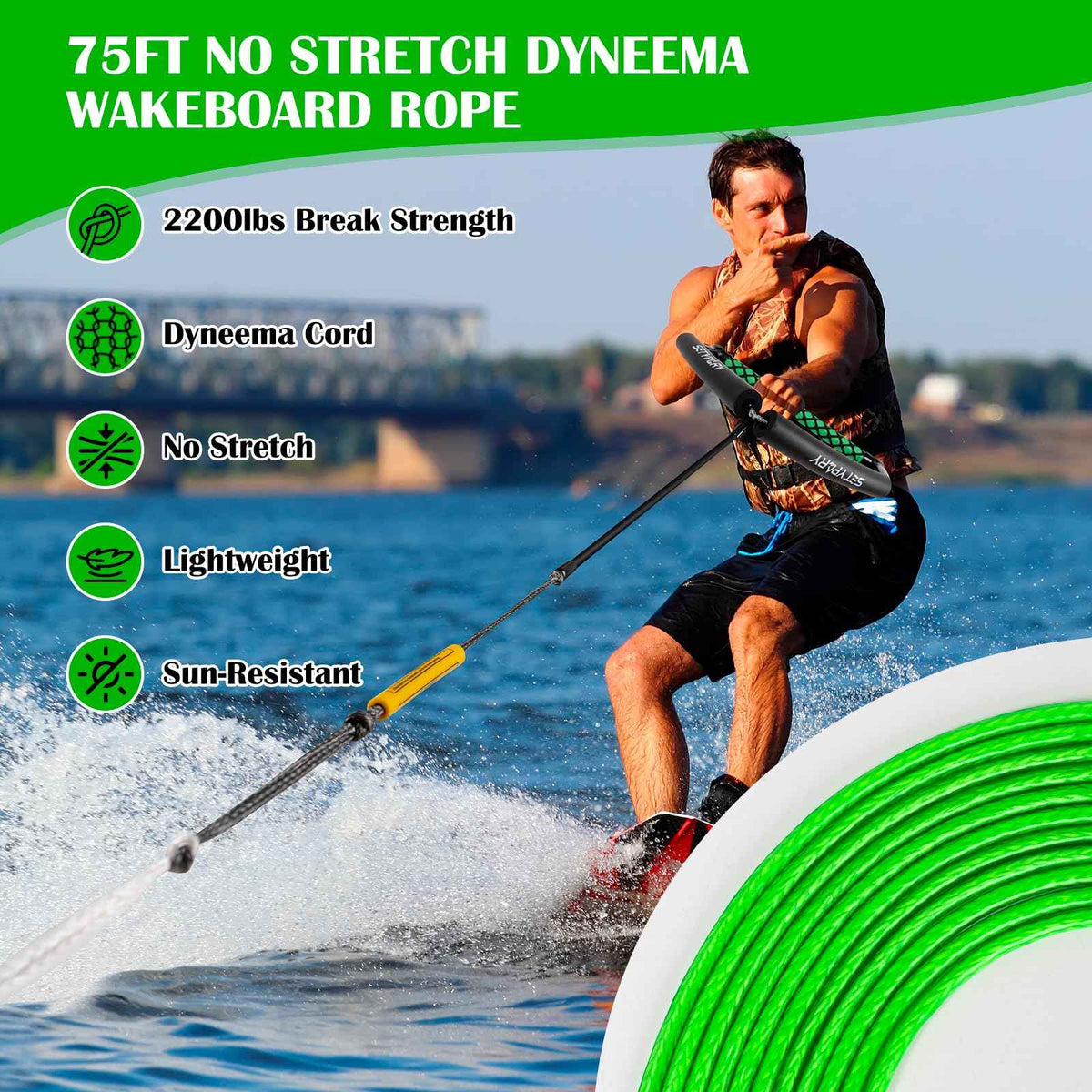 SETYPARY 75FT No Stretch Dyneema Wakeboard Rope and Handle, 4 Sections Floating Wakeboard Tow Rope Water Ski Ropes for Wakeboarding, Waterskiing, Kneeboarding and Wakesurfing (Green)