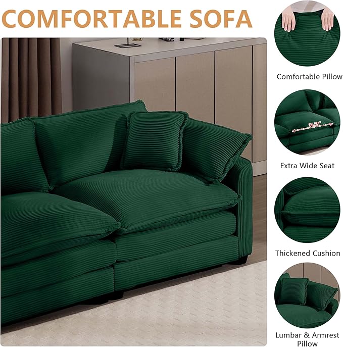 mikibama Luxury 2 Piece Sofa Set, Loveseat Couch & Sofa Armchair Set, Modern Corduroy Comfy Cloud Couches Set for Living Room Office with 2 Armrest Pillows and 3 Toss Pillows, Green