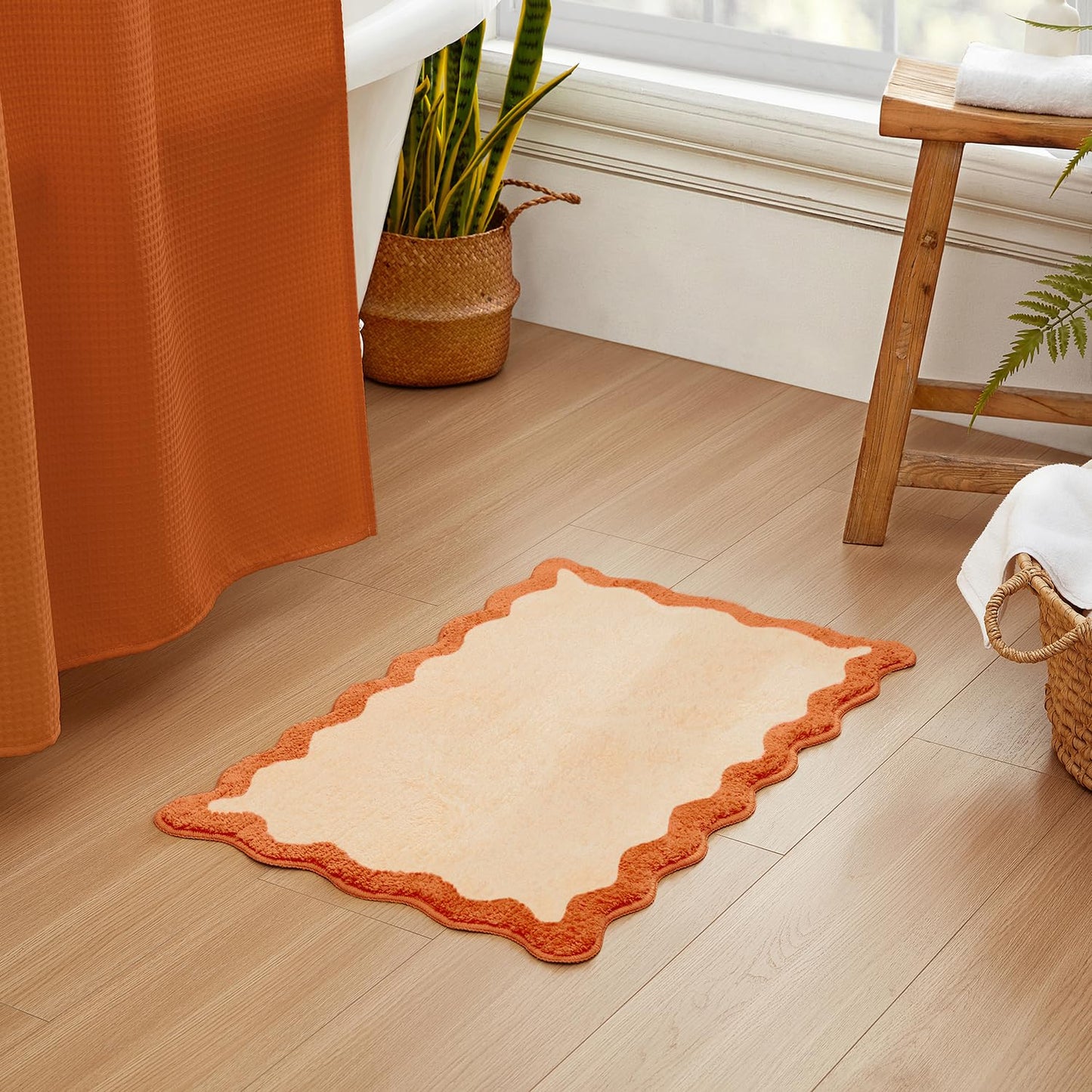 MONDAY MOOSE Bath Mat with Scalloped Wavy Ripple Design, Microfiber Absorbent Non Slip Tufted Rug for Floor, Shower or Kitchen (16x24 inch, Orange)