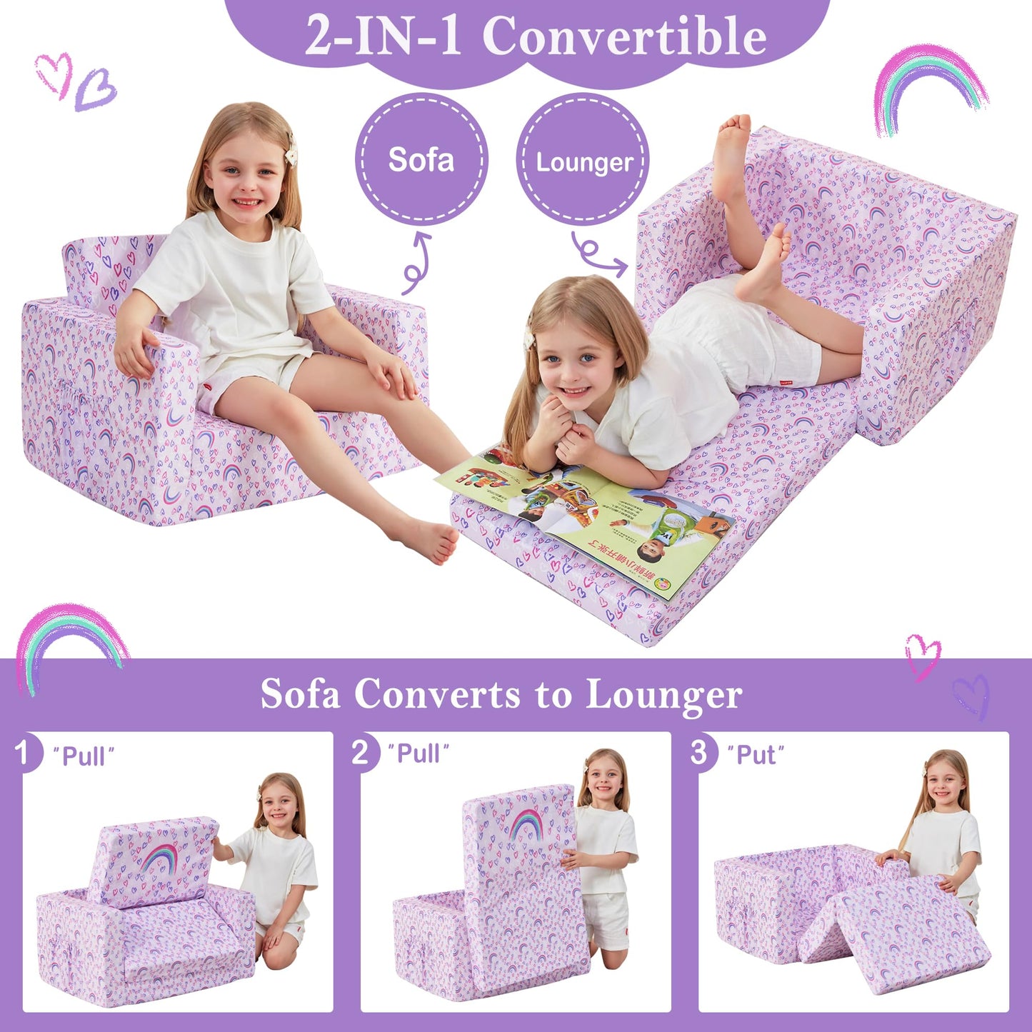 lasoftan Kids Sofa for Toddler, 2-in-1 Toddler Couch Fold Out, Convertible Sofa to Lounger Bed for Girls and Boys, with Removable Cover & Double Pockets - Purple Rainbow