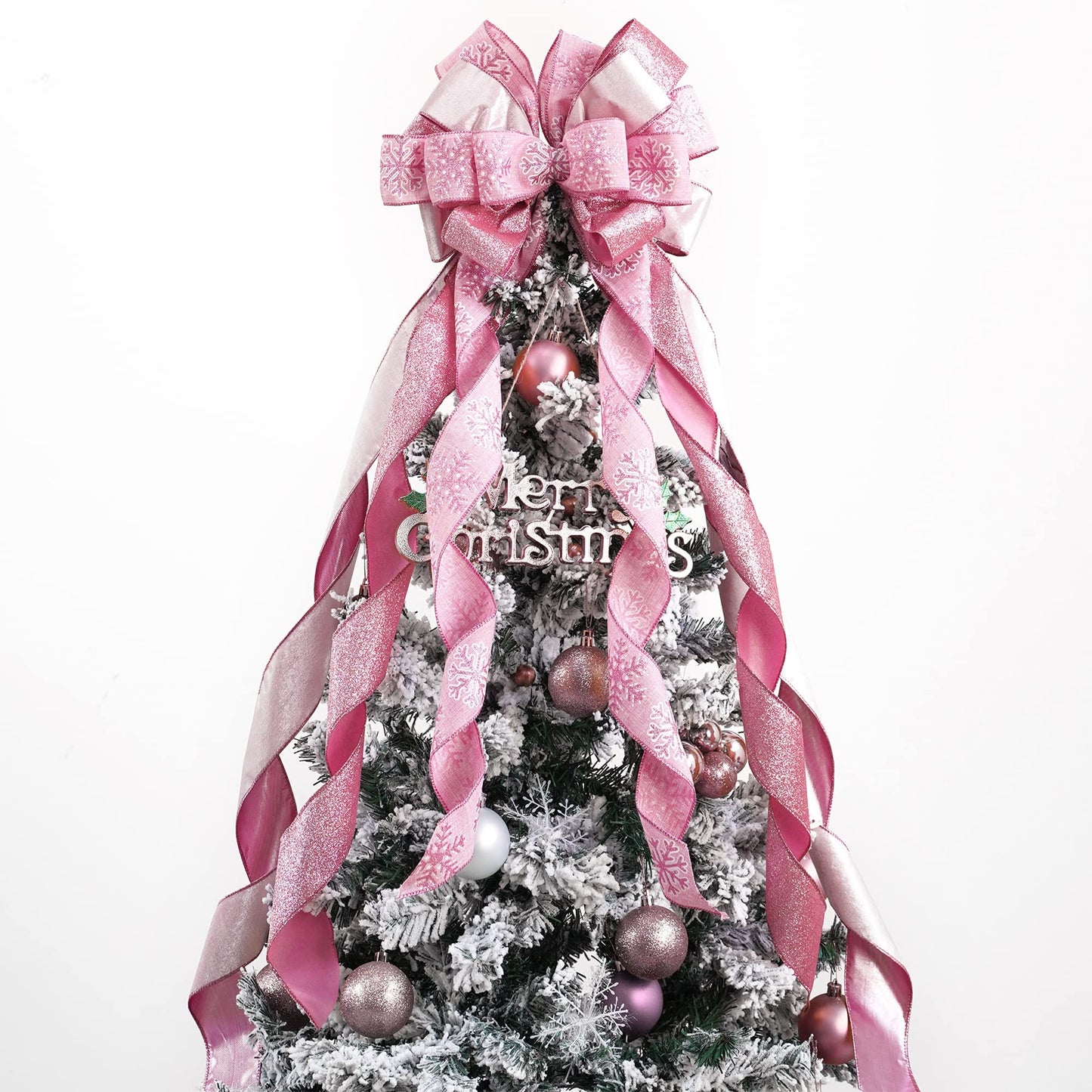 MEEDEE Pink Glitter Christmas Tree Topper - 12" Wide Velvet Bow for Christmas Tree (1 Pack)