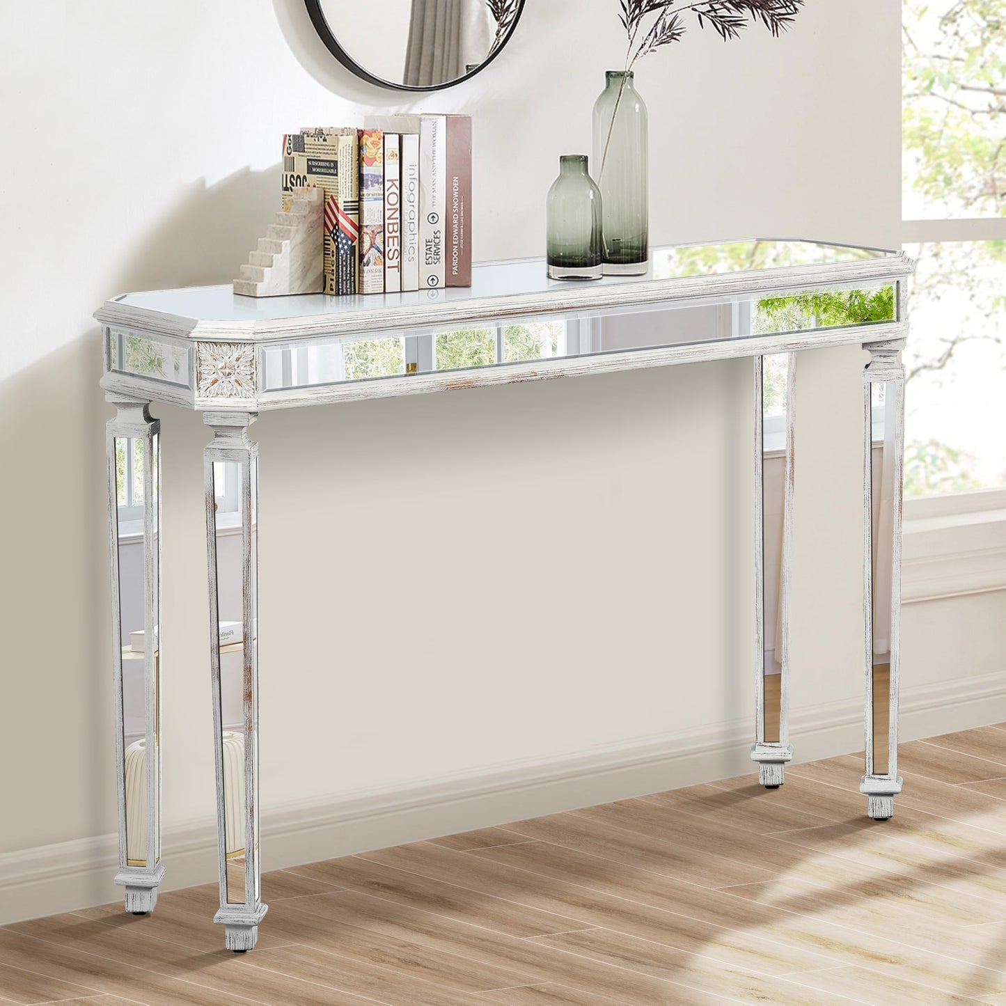 SSLine Mirror Console Table for Living Room 55" Modern Mirrored Entryway Table with Retro Wooden Carved Edge Luxury Glass Foyer Tables for Entryway Hallway