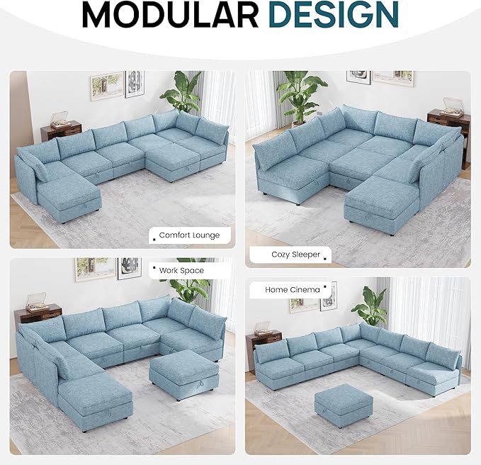 Oversized Modular 8 Seater Sofa with Removable Covers and Storage, Convertible U, L-Shaped and Sleeper Sectional, Modern Sectional Couch with Ottoman Chaise for Living Room, Bedroom, Apartment, Blue
