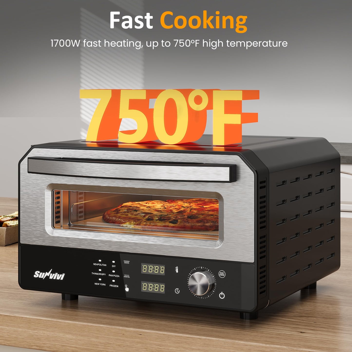 SUNVIVIPRO Pizza Oven Indoor Outdoor: Heats up to 750℉, Up to 12" Electric Countertop Pizza Maker with 6 Presets, Control Knob, Portable Pizza Cooker Warmer for Home, Camping, Pizza Stone, Pizza Peel