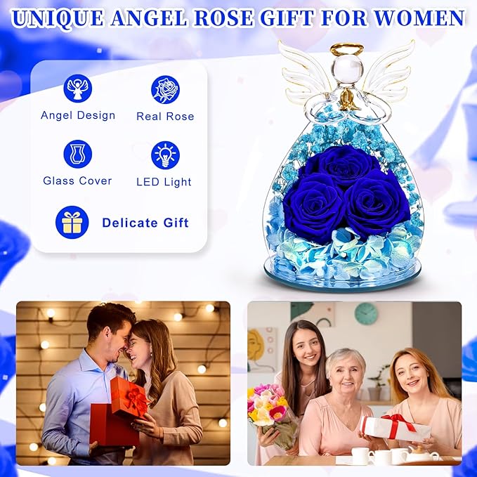 Beferr Valentines Day Rose Gifts for Her Women Mom Gifts for Birthday, Fresh Flowers for Delivery Forever Preserved Rose in Glass Angel Figurine, for Grandma Wife Daughter Girlfriend