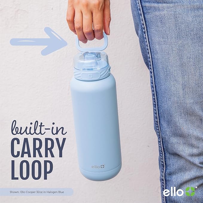 Ello Cooper 18oz Kids Stainless Steel Water Bottle with Straw and Carry Handle, Double Walled and Vacuum Insulated Metal, Leak Proof Locking Lid with Soft Silicone Spout, BPA Free, Halogen Blue