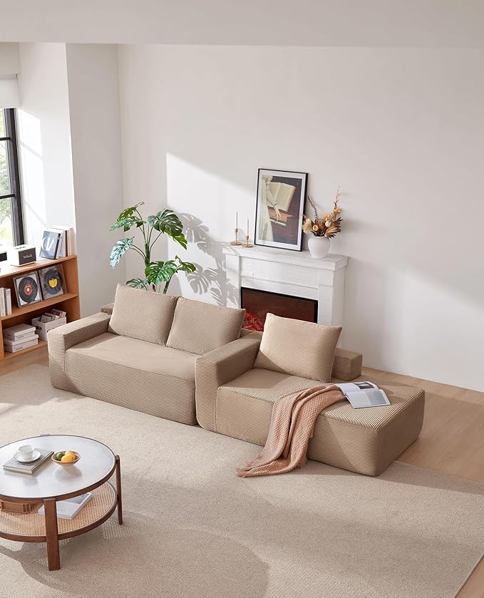 Vanress 97" Cloud Couch Sectional, Corduroy Boneless Couch with L-Shape Chaise,Modern Modular Sectional Sofa Comfy Deep Seat for Living Room, Bedroom, No Assembly (Camel, Right Facing Chaise)
