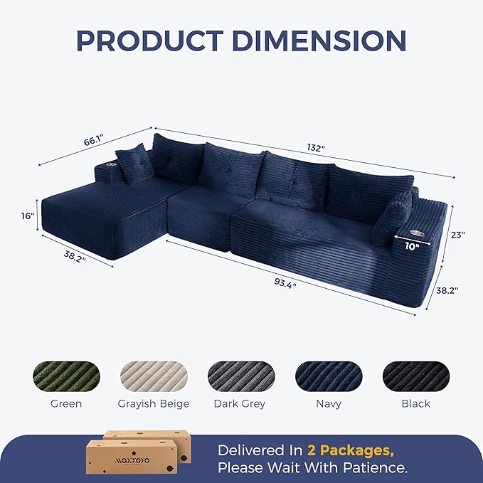 MAXYOYO 132" Oversize Modular Sectional Couch with L-Shape Chaise, Modern Boneless Couch for Living Room, Sofa in A Box, Oversized Sofa Sleeper with Deep Seat, No Assembly Required, Navy