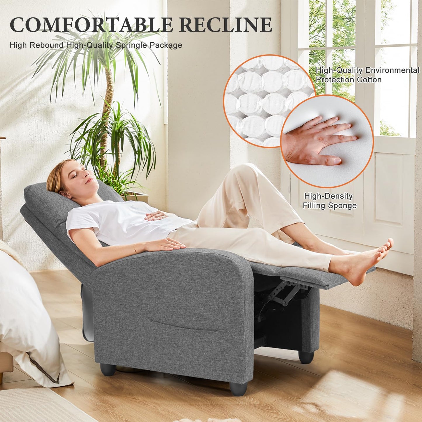 Sweetcrispy Massage Recliner Chair for Adults, Adjustable Home Theater Seating with Lumbar Support for Living Room, Modern Fabric Reclining, Cool Gray