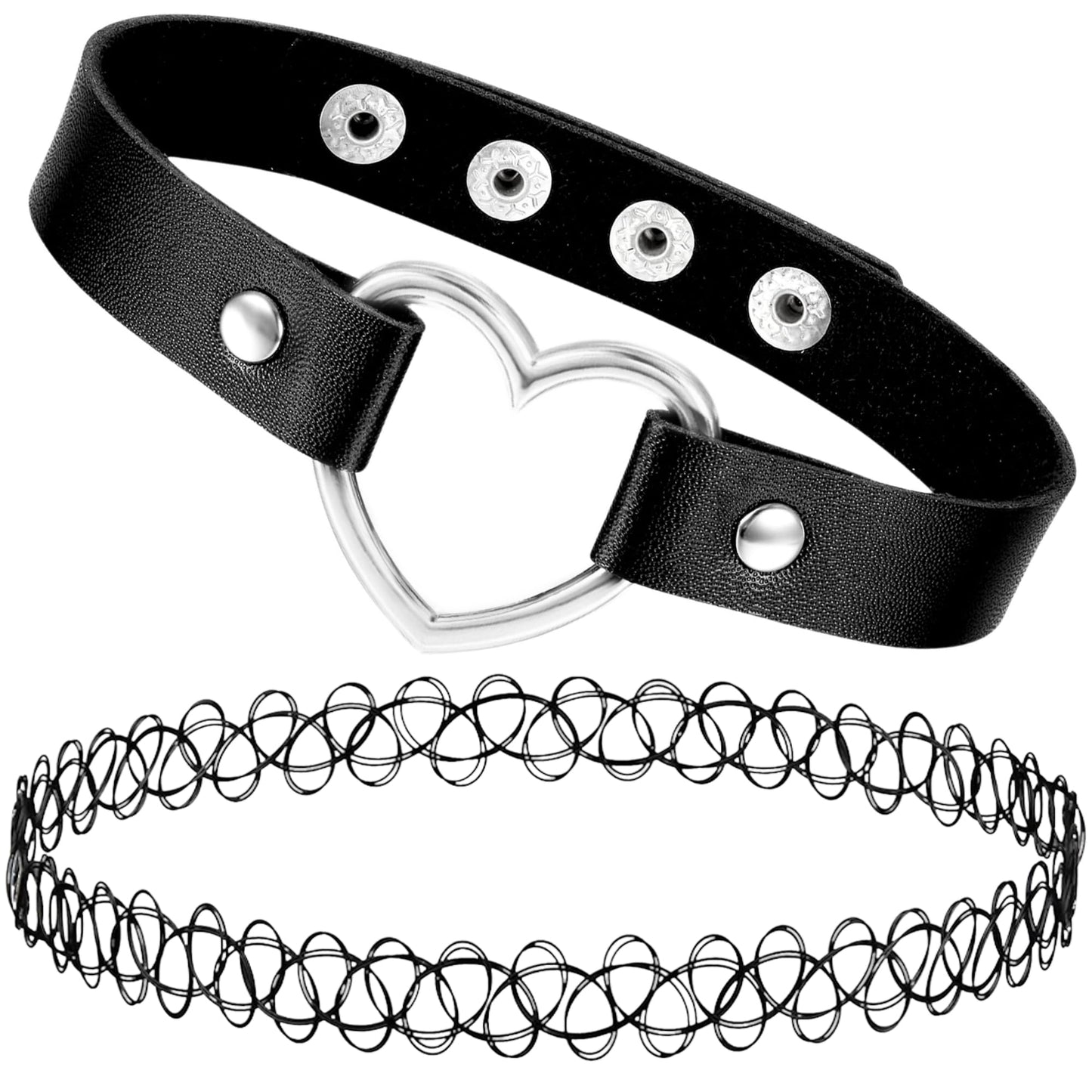 BodyJ4You 2PC Tattoo Choker Leather Necklace Set - 90s Black Choker Necklace for Women - 2000s Y2K Vintage Collar - Metal Heart