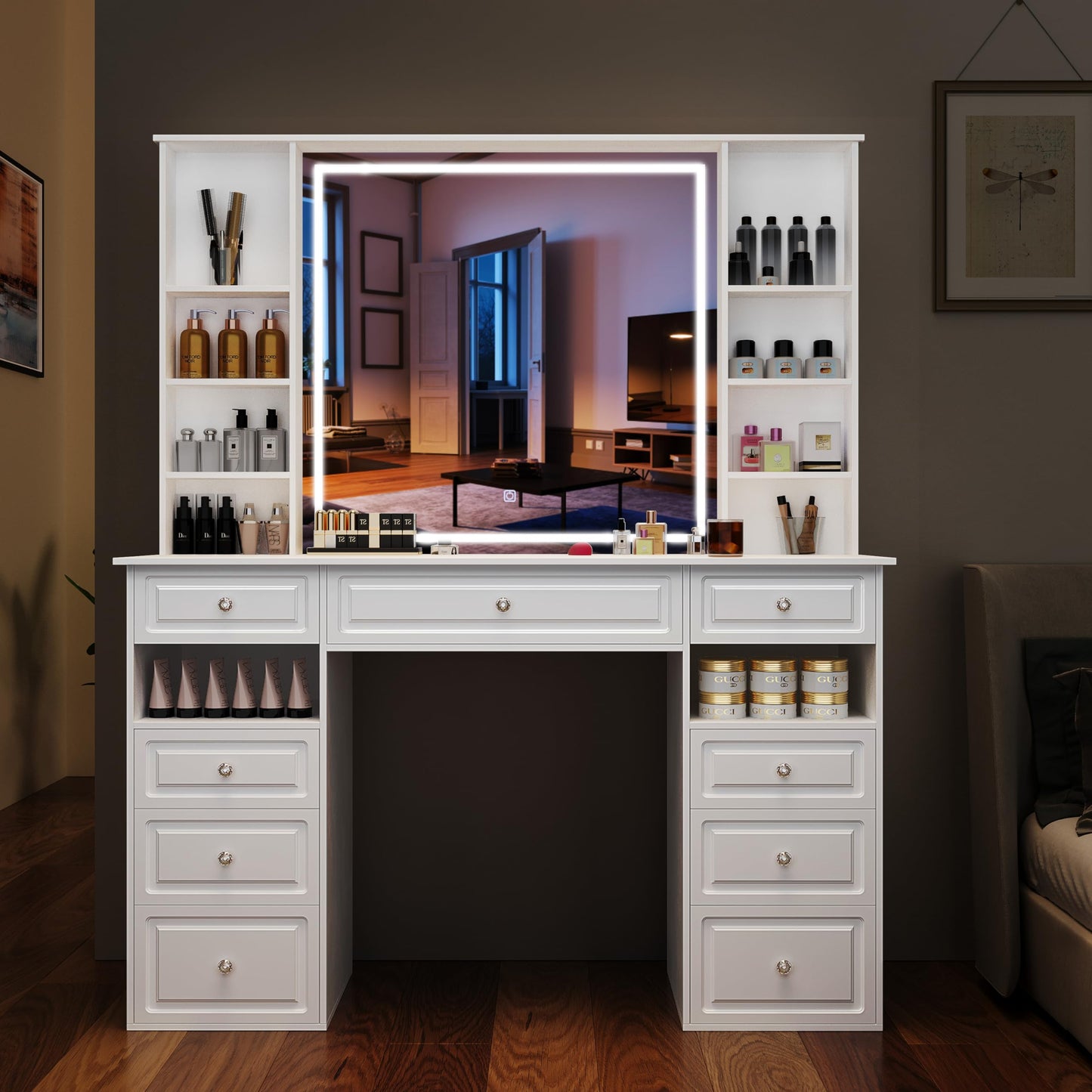 Makeup Vanity Desk with Mirror and Lights, 47" Large Vanity Table with 9 Drawers & 10 Open Storage Shelves, Brightness Adjustable, Dressing Table for Bedroom, Women Girl (White, A Panel)