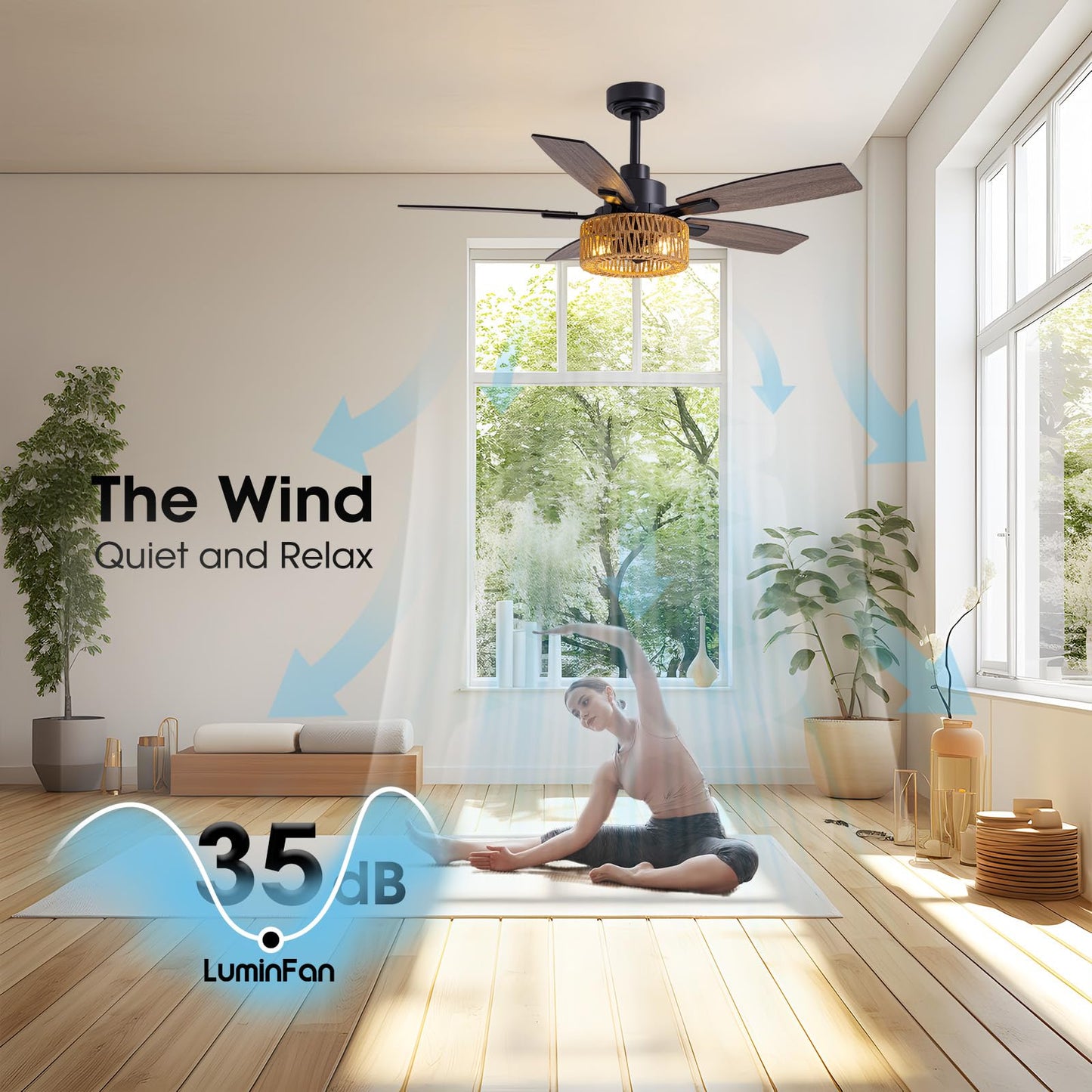 Luminfan 46 Inch Boho Black Rattan Ceiling Fans With Lights And Remote Control, Farmhouse Caged Rattan Ceiling Fan For Dining Ro
