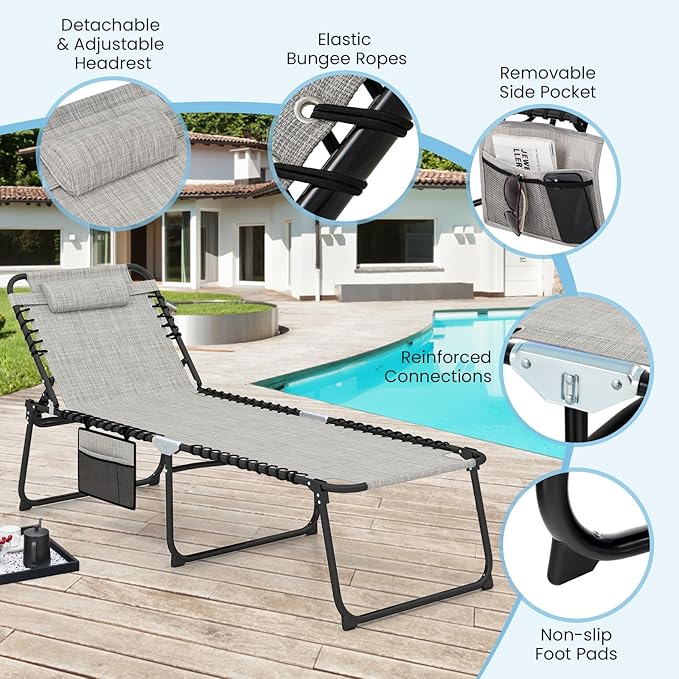 GYMAX Lounge Chair for Outside, 440lbs 27” Oversize Folding Beach Tanning Sunbath Chair with Adjustable Backrest & Removable Pillow, Lightweight Portable Patio Lounger for Lawn Poolside (2, Grey)