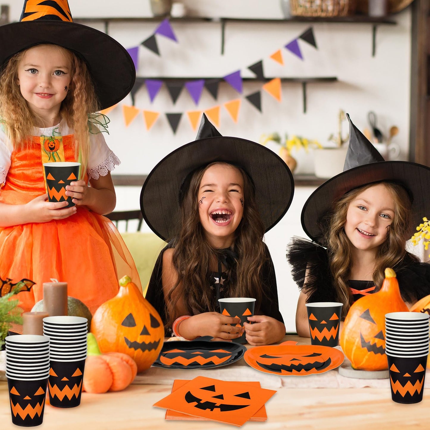 AnyDesign 72Pcs Halloween Party Dinnerware Set Orange Black Pumpkin Themed Paper Plates Cups Napkins Halloween Disposable Tableware Party Supplies for Spooky Themed Party Birthday, Serves 24 Guests