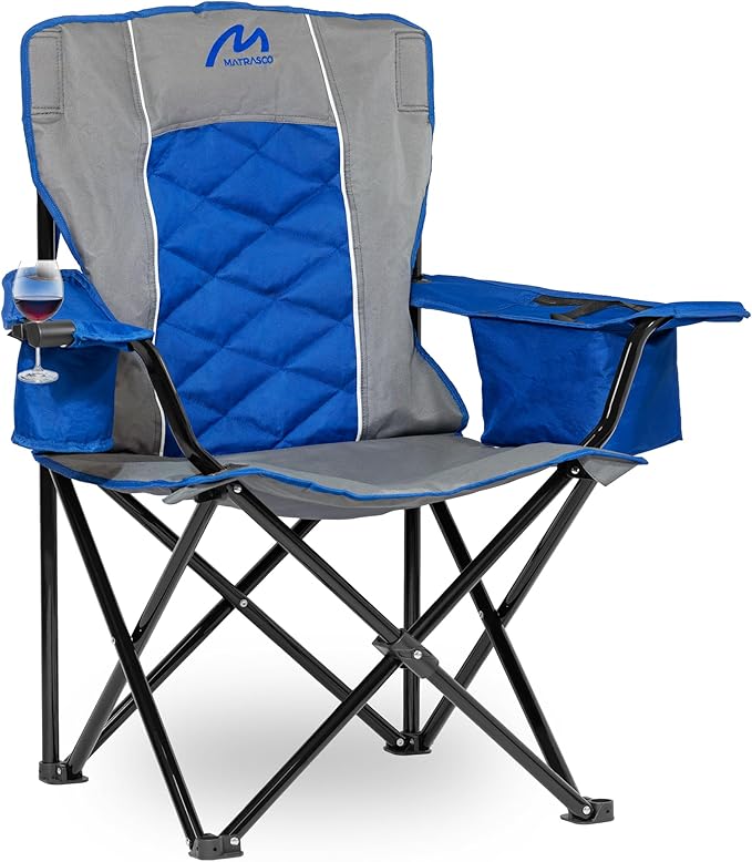 Matrasco Oversized Padded Camping Chair, Heavy-Duty Steel Frame for 450 lbs Supports, Convenient 6-Can Cooler, Portable Carry Bag, Perfect for Outdoor, Beach, and Hiking (Gray & Sapphire Blue)