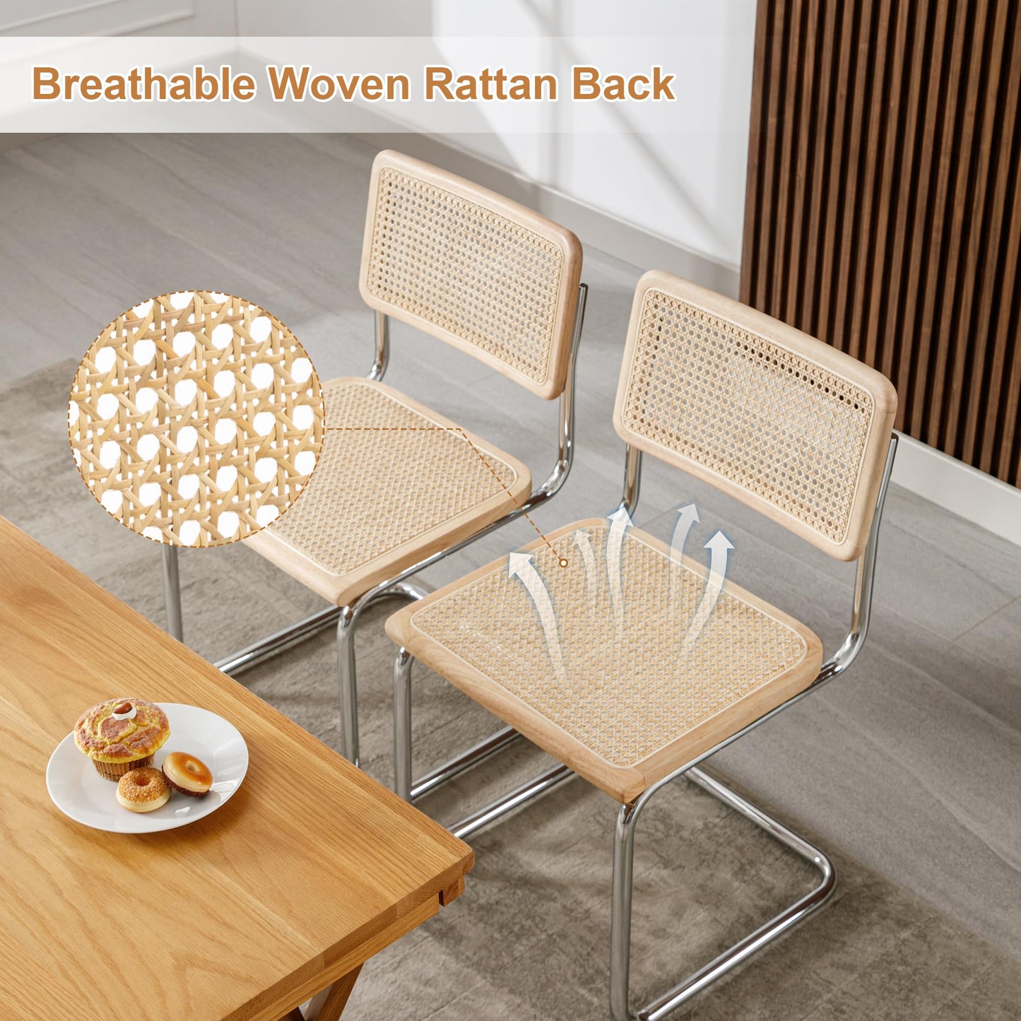 Flouki Rattan Dining Chairs Set of 4, Boho Accent Chairs for Kitchen Room with Natural Cane Mesh, Mid Century Cantilever Design, Undyed Solid Wood