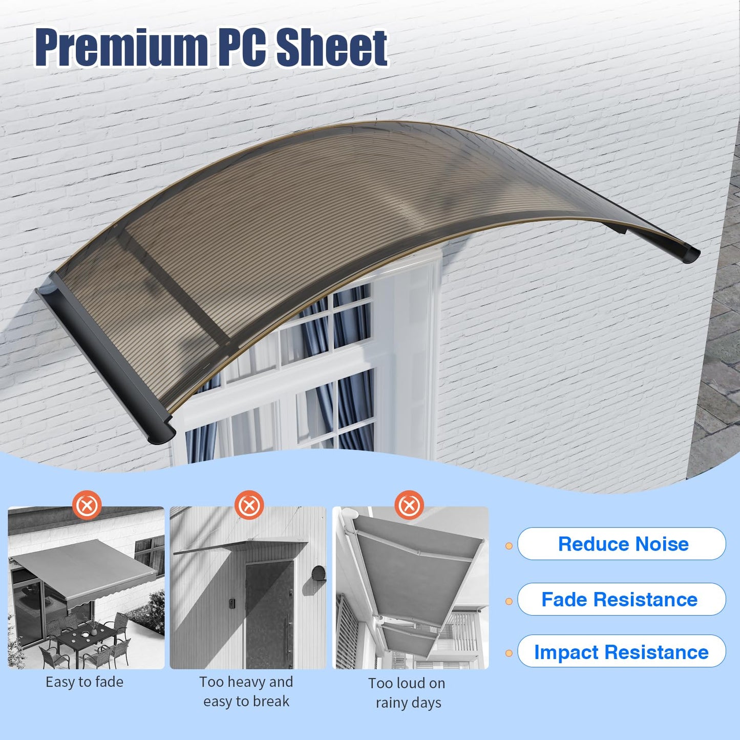 Awning for Door Entrance, 36x63 Inch Round Arch Door Awning Canopy with Aluminum Brackets & Polycarbonate Cover, UV, Rain & Snow Protection for Window, Porch, Patio, Deck