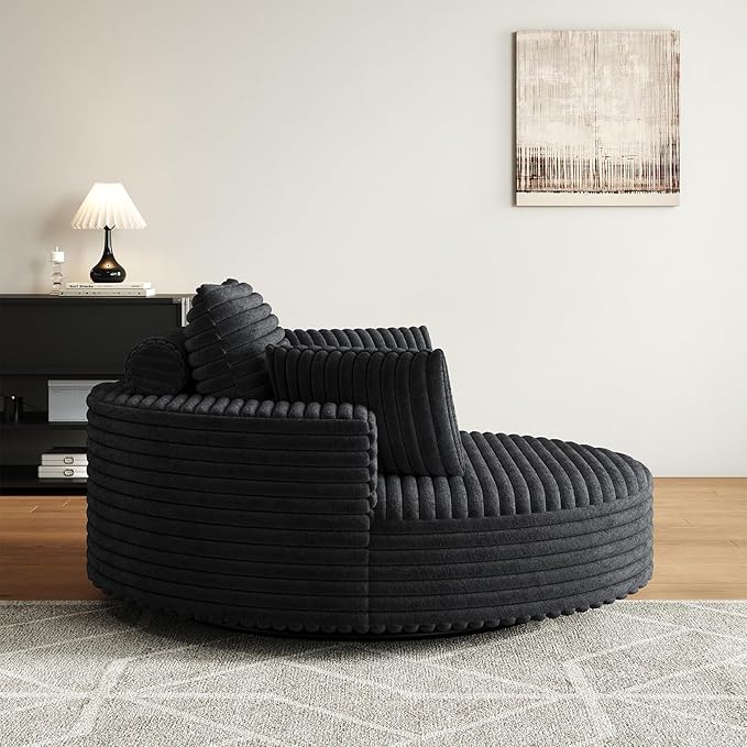360-Degree Oversized Swivel Chair, Modern Round Circle Corduroy Comfy Deep Seat Swivel Accent Chaise Lounge Sofa Chair with Back Cushion & 2 Throw Pillows for Living Room Bedroom Office, Black