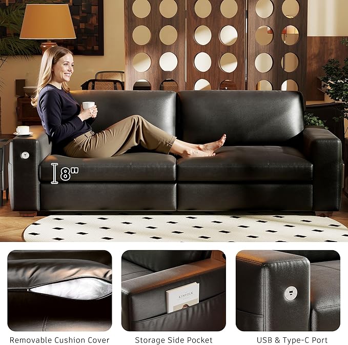 Hanherry Faux Leather 89" Sofa for Living Room, Modern Comfy Couch with Medium Firm Seat Cushion, Removable Cover,Wide Armrest,USB/Type-C Port,Couches for Small Space,Apartment