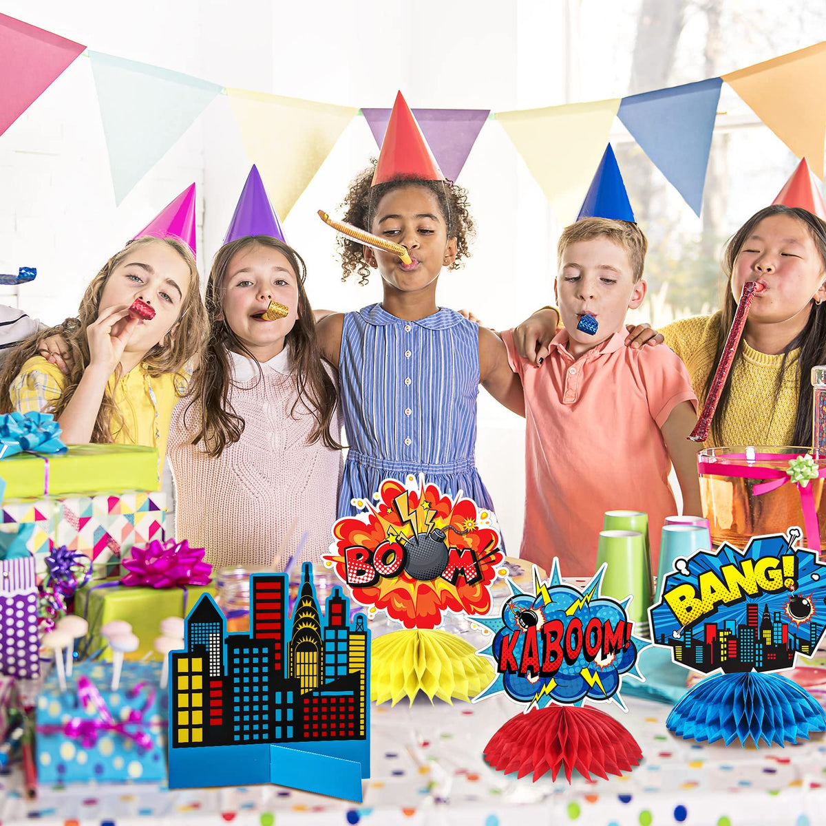 Funrous 11 Pieces Hero Party Decoration Hero Honeycomb Centerpieces 3D Table Topper Paper Large Word Centerpieces Fun Action Sign Standing Card for Birthday Baby Shower Decor Supplies(Classic)