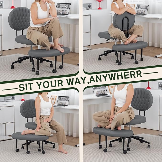 Ergonomic Cross Legged Office Chair with Wheels, Wide Seat and Backrest for Meditation, ADHD Cross Legged Office Chair with Adjustable Height, 360°Rotating Footrest for Yoga Home Office