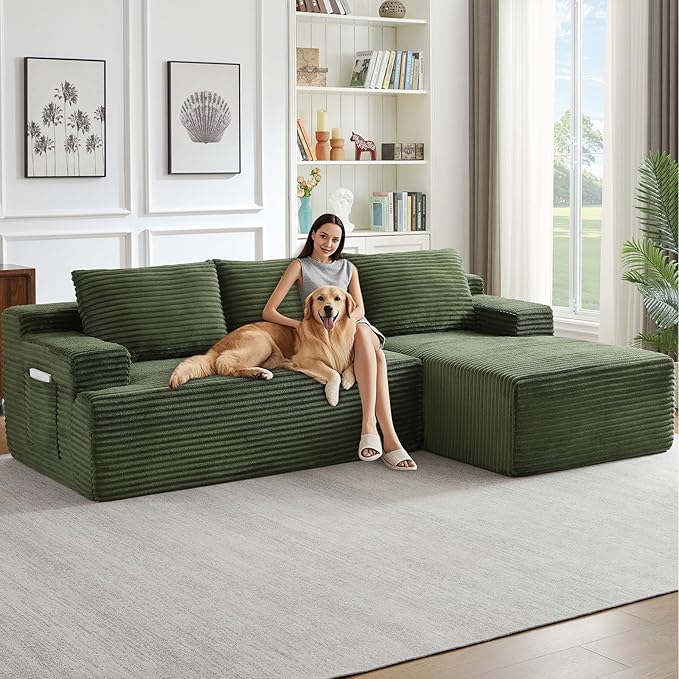 96" Cloud Sectional Couch with L-Shape Chaise, Modern Corduroy Boneless Couch for Living Room,Memory Foam Sofa with Deep Seat,No Assembly Required (Green,Right-Facing Chaise)