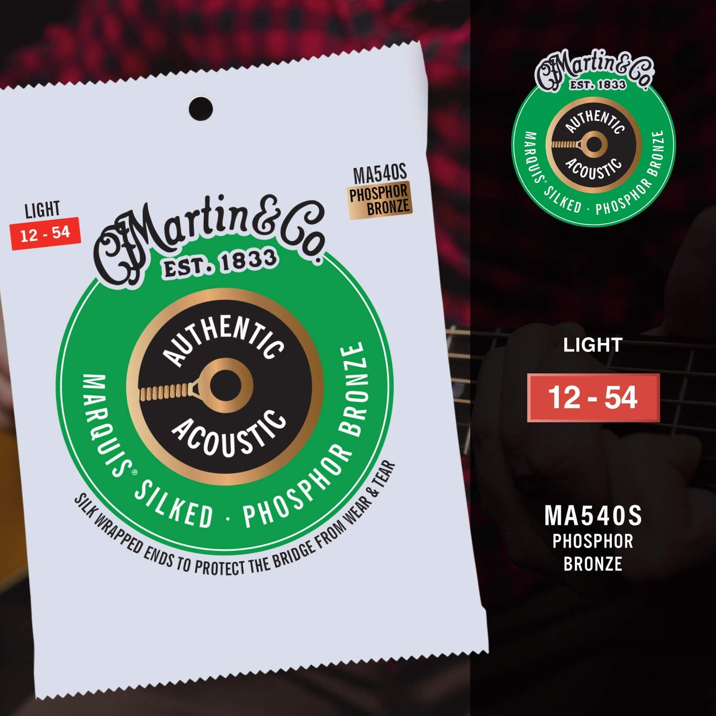 Martin Authentic Acoustic Marquis Silked Guitar Strings - Phosphor Bronze, Light Gauge | Warm, Balanced Tone With Bridge Protect