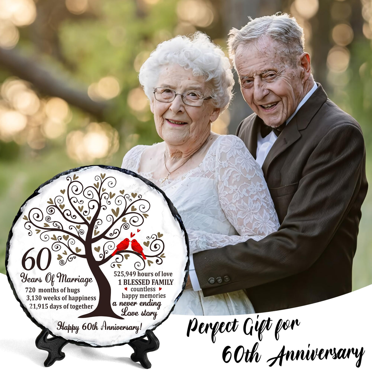 Bozspacer 60th Diamond Wedding Anniversary Natural Slate - 60th Wedding Gifts for Parents Grandparents - 60th Anniversary Decorations Unique Gift Ideas - 60 Years of Marriage Plaque, Keepsake