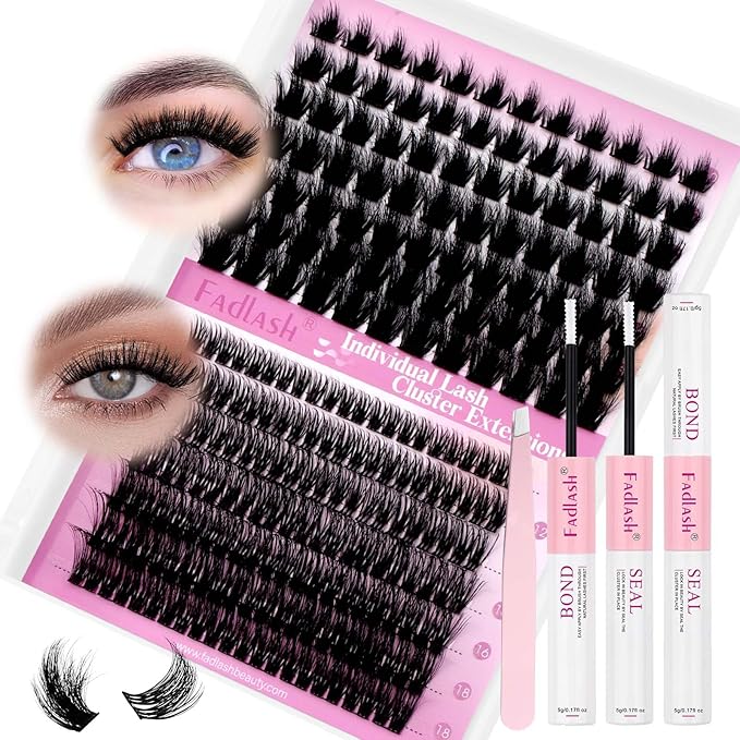 FADLASH Lash Extension Kit Lash Clusters Kit 10-18mm Eyelash Cluster Lashes with Lash Bond and Seal Lash Tweezers DIY at Home (KLS242+CLS015-07D-10-18 Kit)