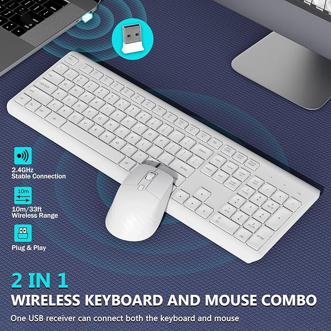 Wireless Keyboard and Mouse Combo, 2.4G Lag-Free Full Size Keyboard with Quiet Low Profile Concave Keys and Adjustable DPI Optical Mouse, Long Battery Life for PC, Windows, MAC Laptop (White)