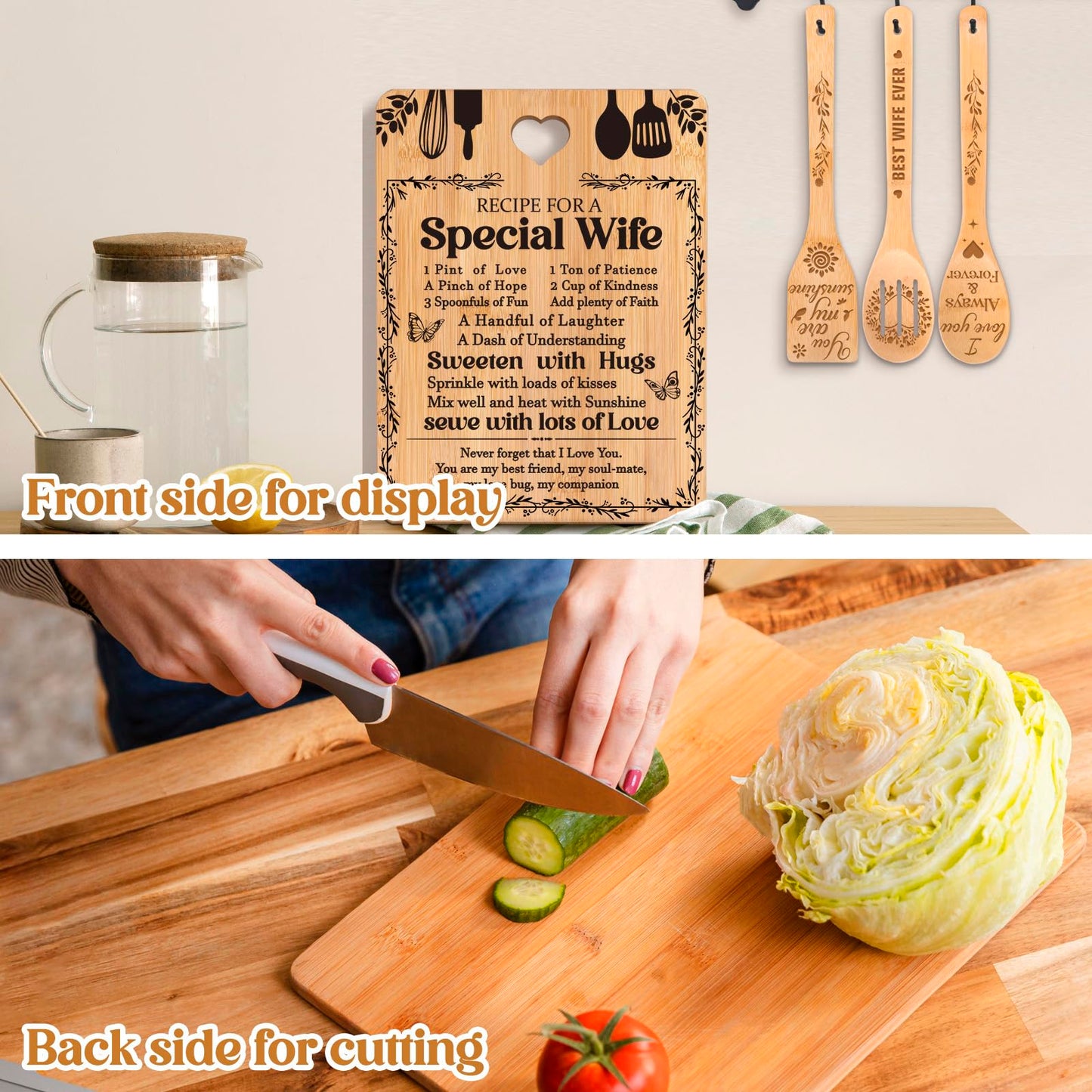 Gifts for Wife - "Recipe for a Special Wife" Birthday Gifts for Wife Cutting Board Set, Bamboo-Made Engraved Utensil Set Wife Gifts for Birthday/Christmas Gifts for Wife