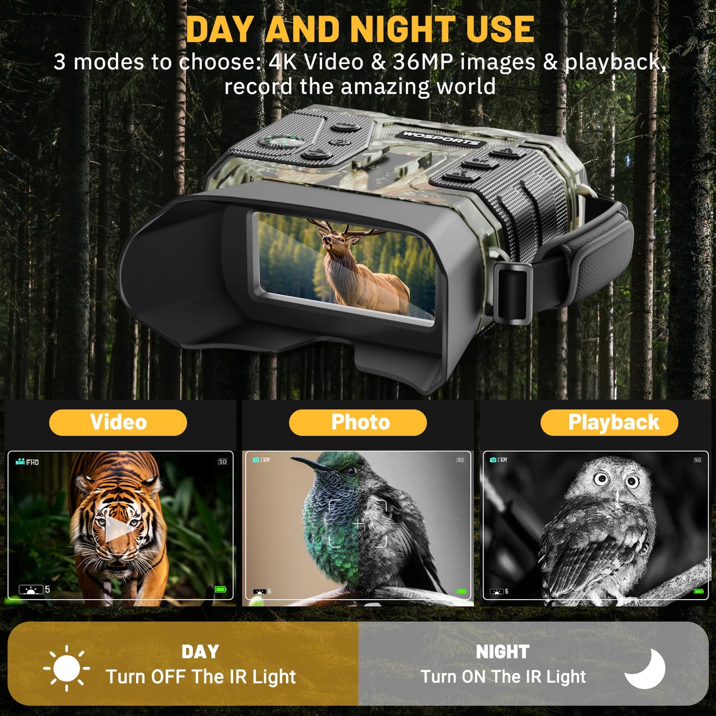 WOSPORTS 4K Night Vision Goggles with 1300FT Range, 8X Digital Zoom, 32GB Card, 15H Rechargeable Battery – Camo Design for Camping, Ideal Gift for Men