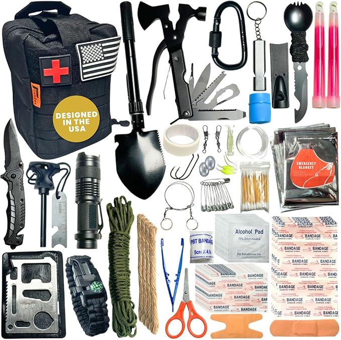 GunZee 175-Piece Survival Kit, First Aid Kit for Emergency and Outdoor Adventures, IFAK, Fishing Gear, MOLLE-Compatible Ba...