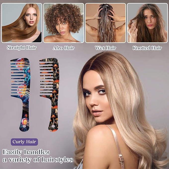 2PCS Wide Tooth Comb,Effortless Tangle Removal for Long Hair Styling Comb for Curly,Wet,Cute Aesthetic Design for Women Men and Girls(Blue-Jellyfish Mushroom-17)