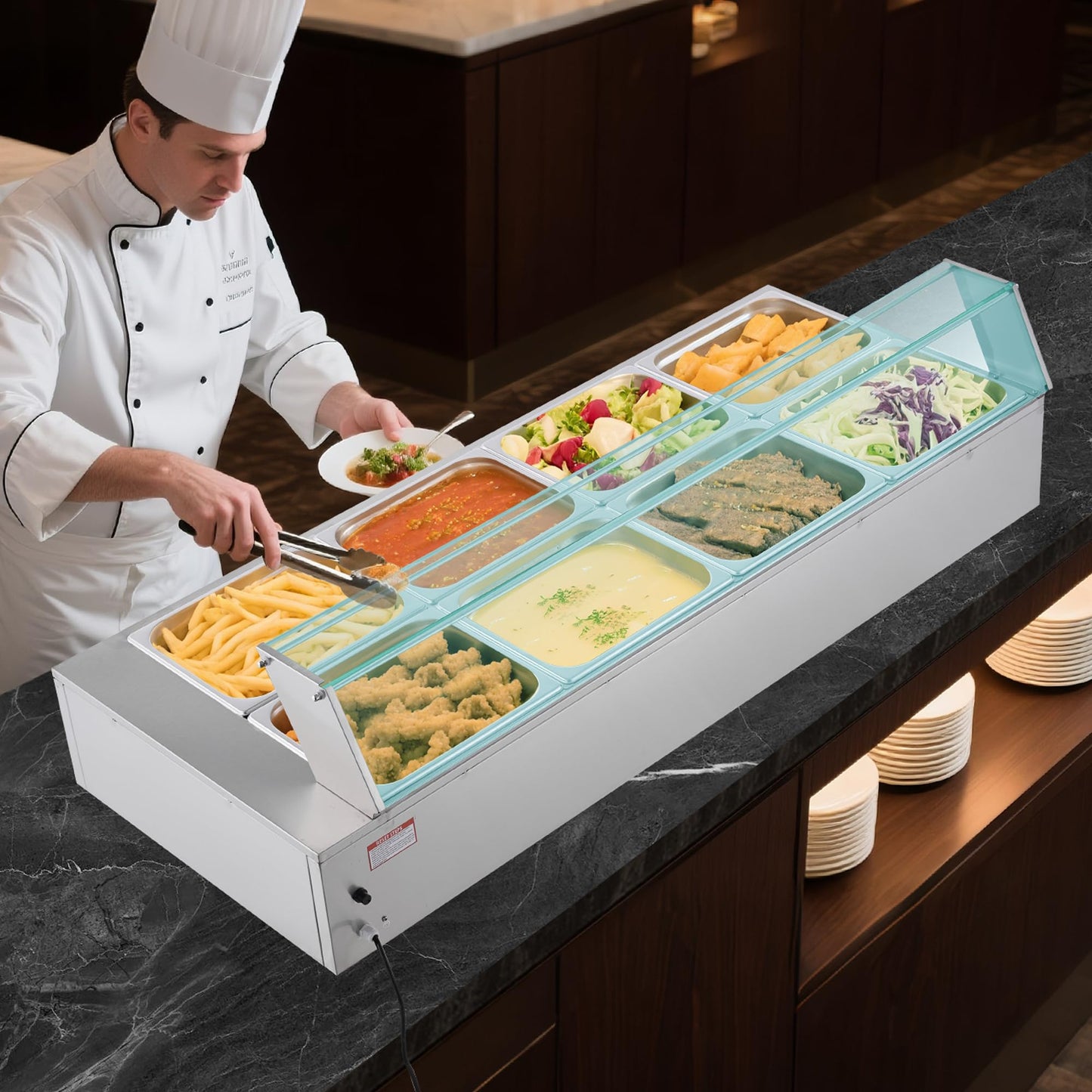 VEVOR Commercial Food Warmer, 1700W Electric Stainless Steel Steam Food Warmer with Glass Cover, 8-Pan Countertop Buffet Bain Marie with Soup & Perforated Ladles, for Catering, Restaurant & Party