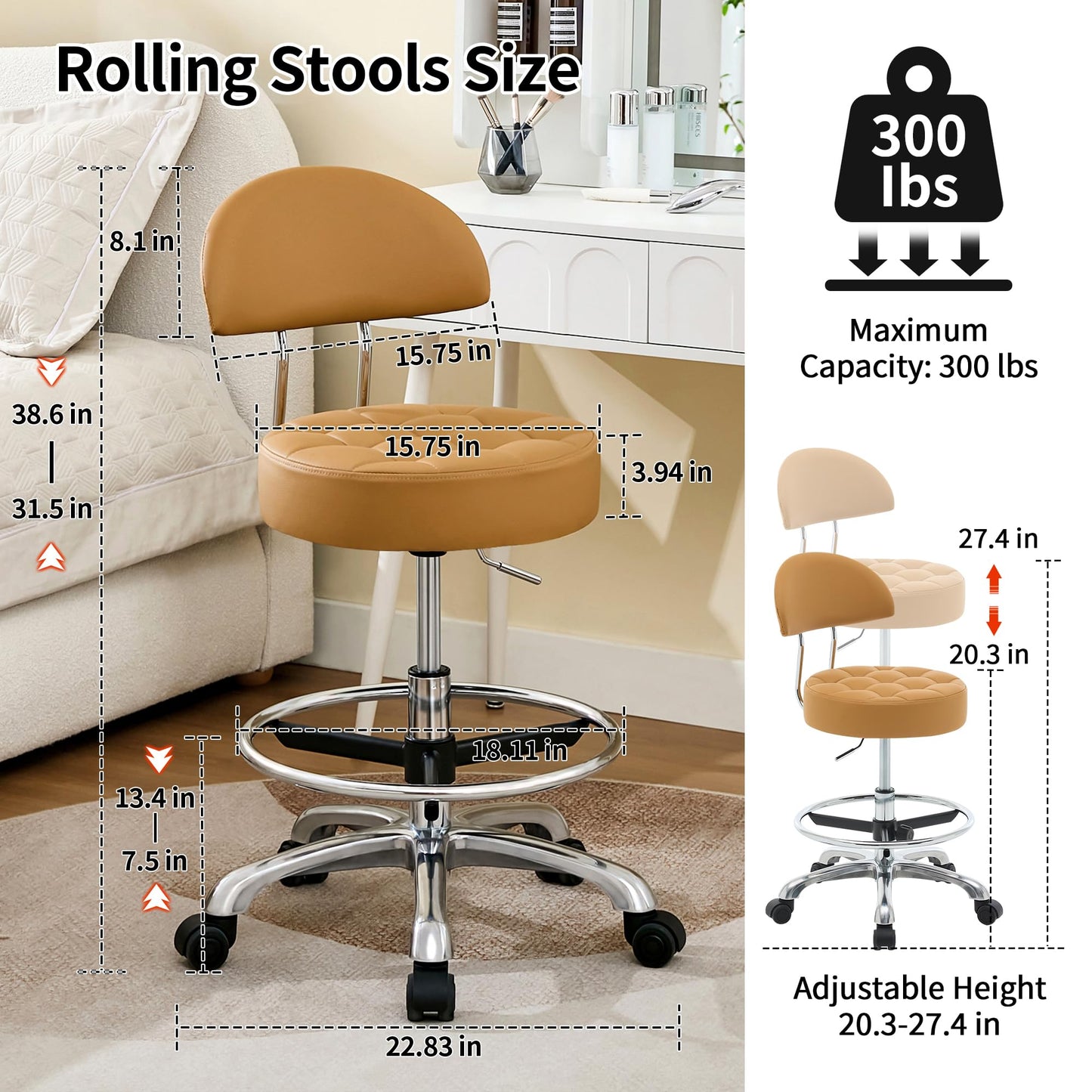 FIRAVOE Rolling Chair (Adjustable Height 20-27 inch) (Stool with Quiet Wheels and Foot Rest) Multifunctional Nail Salon and Spa Stools (Camarel Brown)