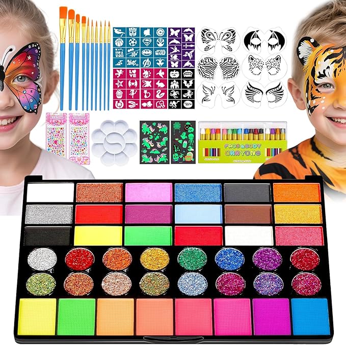 Face Painting kit for Kids Aldult, 42 Colors Non Toxic Face Paint with 16 Face Paint Crayons, 6 Reusable Face Painting Stencils, 60 Sticky Stencils for Kids, 4 Stickers, for Parties, Halloween