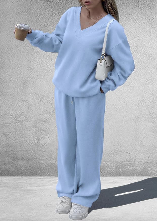 PRETTYGARDEN Casual Winter Two Piece Sets for Women 2026 V Neck Sweatshirt Loose Wide Leg Pants Tracksuit Knit Fall Outfits