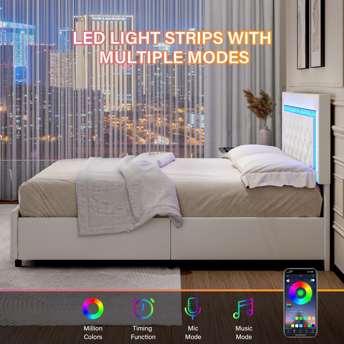 Full Size Bed Frame with LED Lights, Upholstered Bed Frame with Storage Drawers, Princess Platform Bed with Diamond Headboard and Footboard, No Box Spring Needed, White