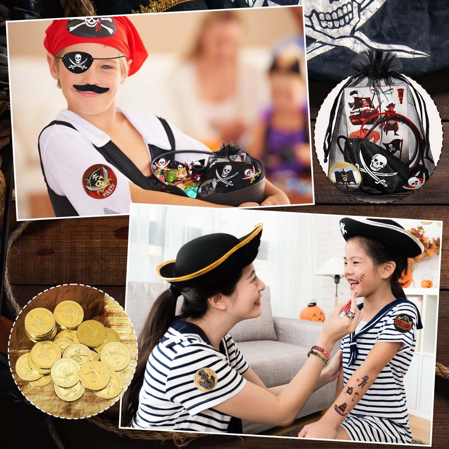 Harrycle 144 Pcs Pirate Party Favors Supplies Include Pirate Bracelet Nautical Tattoo Button Pin Eye Patch Gold Coin Gem Ring Mustache Organza Bag for Kids Boy Pirate Birthday Party Goodie Bag Fillers